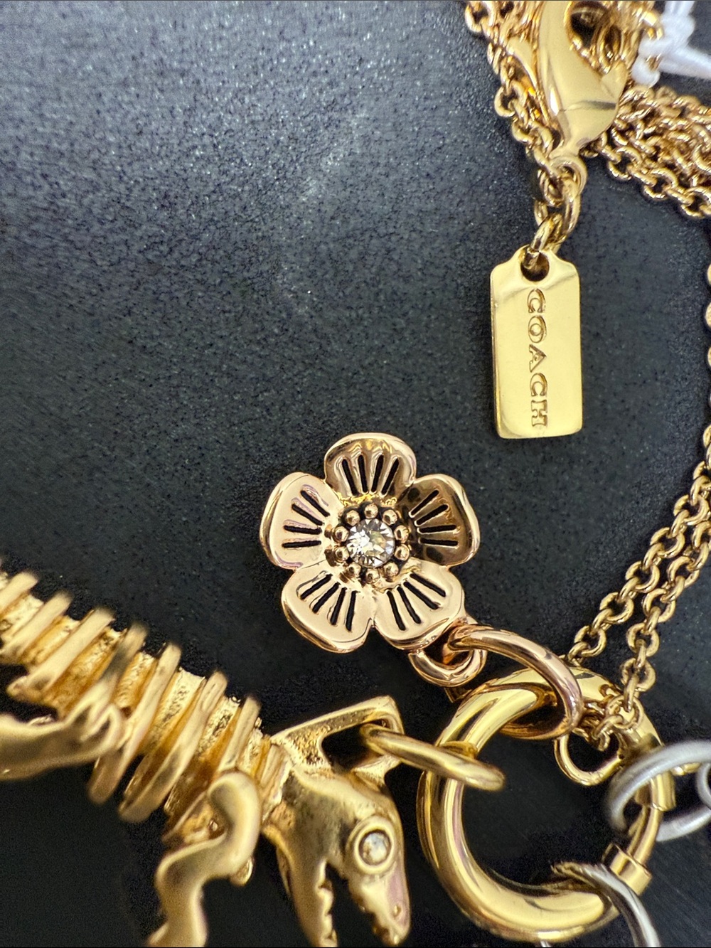 Rare COACH Rexy Gold-Tone Multi-Charm Necklace with Rexy, Pearl & Floral Charms - Picture 5 of 8